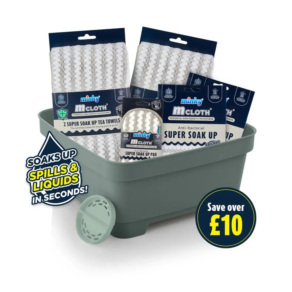 minky-super-soak-up-bundle-2-cloths-1-pad-4-tea-towels-washing-up-bowl image 1
