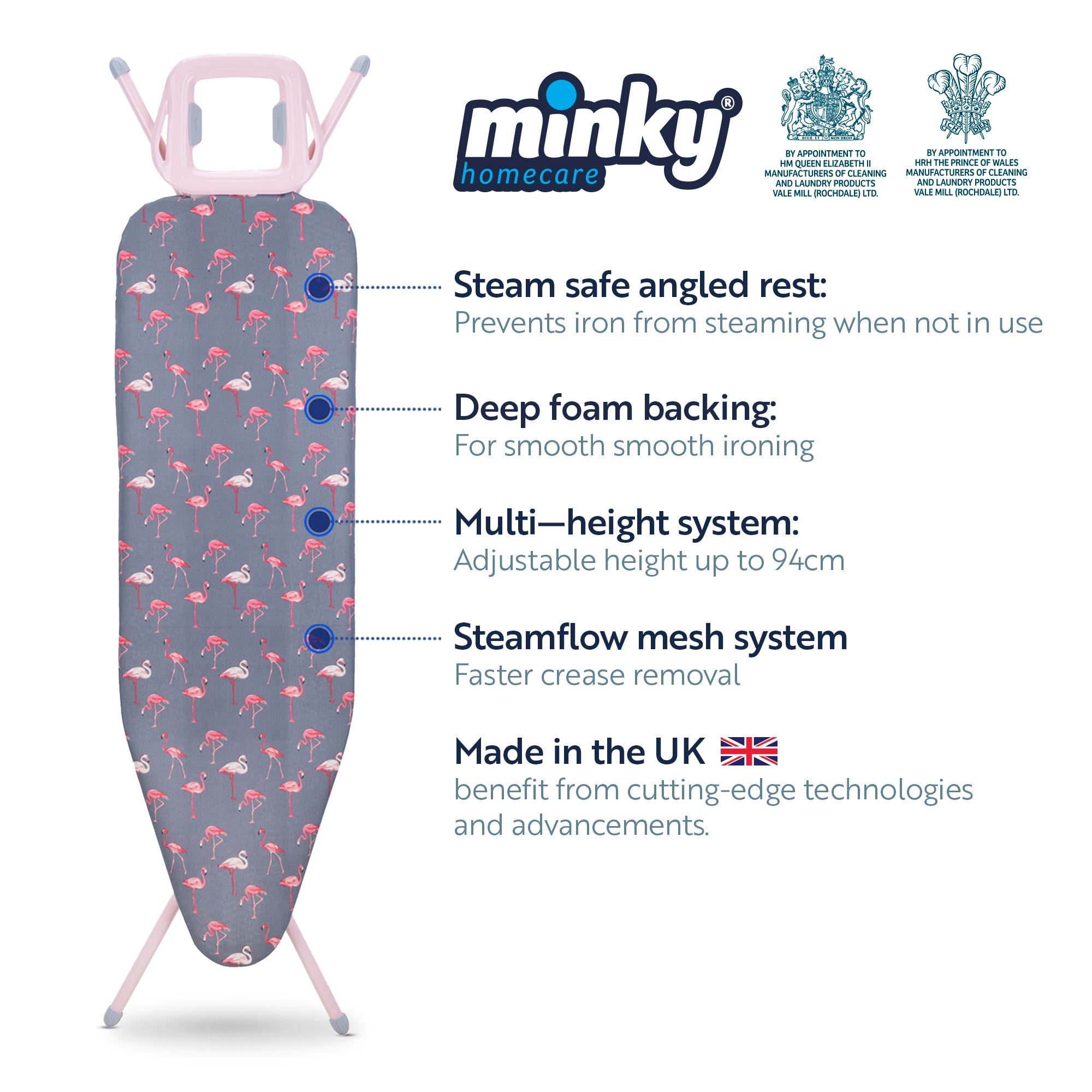 minky-flamingo-pink-ironing-board-122-x-38cm-with-multi-height-adjustment-and-co image 2