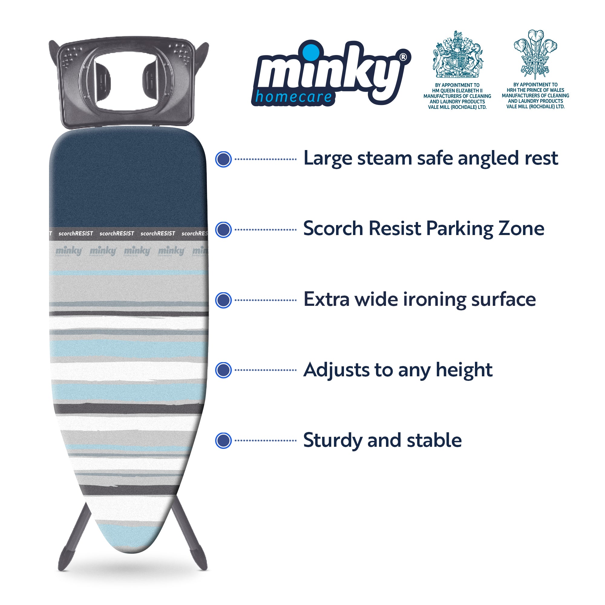 minky-aerial-plus-ironing-board-122-x-43cm-adjustable-height-with-scorch-resista image 2