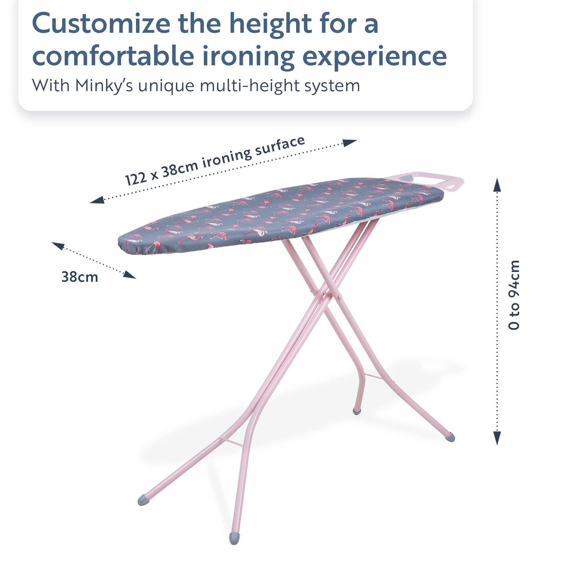 minky-flamingo-pink-ironing-board-122-x-38cm-with-multi-height-adjustment-and-co image 3